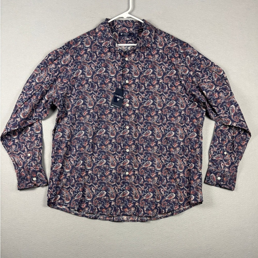 Cremieux Classics Paisley Button Down Shirt XL Navy Blue Orange Long Sleeve